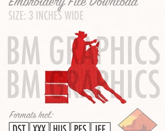 May include: Red embroidery file download featuring a barrel racer on a horse, with the text "Embroidery File Download" and "SIZE: 3 INCHES WIDE". Includes formats DST, XXX, HUS, PES, and JEF.