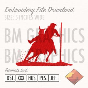Könnte beinhalten: Roter Stickdateien-Download mit einer Rodeo-Szene mit einem Reiter auf einem Pferd, 12,7 cm breit. Enthält die Formate DST, XXX, HUS, PES und JEF. Der Text "Embroidery File Download" ist ebenfalls enthalten.