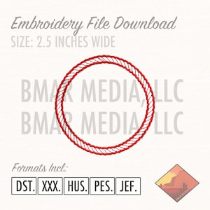May include: Red embroidery design of a circle, 2.5 inches wide.  The design is available in the following formats: DST, XXX, HUS, PES, JEF.