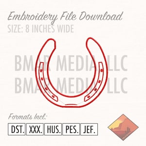Könnte beinhalten: Rotes Hufeisen-Stickmuster, 20,3 cm breit. Formate enthalten: DST, XXX, HUS, PES, JEF.