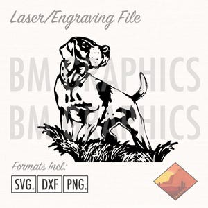 May include: A black and white graphic of a dog in grass. The dog has spots and a collar. Text at the top says "Laser/Engraving File." Below are the file formats: SVG, DXF, and PNG.