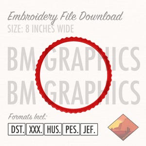 May include: A red, scalloped embroidery design, 20 cm wide, with the text "Embroidery File Download." Includes formats DST, XXX, HUS, PES, and JEF. The background features the text "BM GRAPHICS."