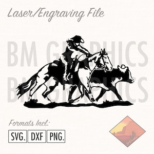 May include: Black and white silhouette of a cowgirl riding a horse and herding a steer. The image is a digital file for laser cutting or engraving.