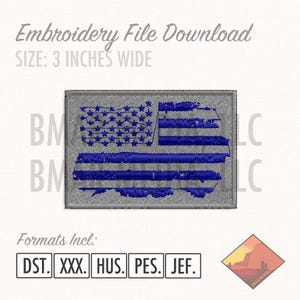 May include: A distressed American flag embroidery design in blue and gray, measuring 3 inches wide. The design is available in DST, XXX, HUS, PES, and JEF file formats.
