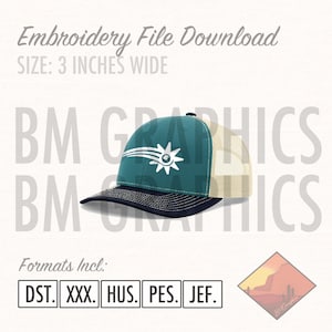 May include: Teal and beige trucker hat with a white graphic design. The hat has a black brim and a mesh back. The text "Embroidery File Download" and "SIZE: 3 INCHES WIDE" are at the top. The hat is 3 inches wide.