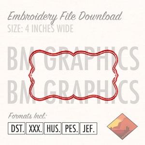 Puede incluir: Un diseño de marco bordado en rojo con borde festoneado, que mide 4 pulgadas de ancho. El texto Embroidery File Download es visible en la parte superior, y el texto Formats Incl: DST. XXX. HUS. PES. JEF. aparece en la parte inferior.