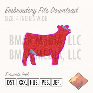 May include: Red cow embroidery design, 4 inches wide.  Formats included: DST, XXX, HUS, PES, JEF.
