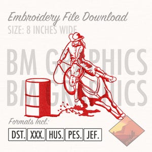 May include: Red embroidery design of a cowgirl riding a horse around a barrel. The design is 8 inches wide and includes the following file formats: DST, XXX, HUS, PES, JEF.