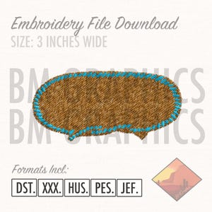May include: A brown speech bubble with a turquoise outline, 3 inches wide. The speech bubble is a digital embroidery design file available in DST, XXX, HUS, PES, and JEF formats.