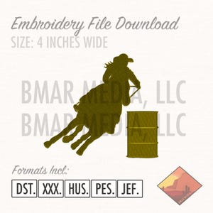 May include: A digital embroidery design of a silhouette of a person riding a horse around a barrel. The design is 4 inches wide and includes the following file formats: DST, XXX, HUS, PES, JEF.