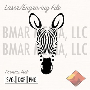 May include: Black and white zebra head silhouette. The zebra has a striped pattern and a black nose. The image is a digital file for laser cutting or engraving. Formats included: SVG, DXF, PNG.