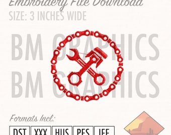 Mechanic Car Automobile Garage Vehicle Piston Graphic Embroidery File 3 Inches Wide, 5 Different File Formats.
