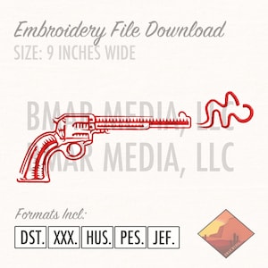Pistol Gun Firearm Western Revolver Graphic Embroidery File Download 9 Inches Wide in 5 Different File Formats.