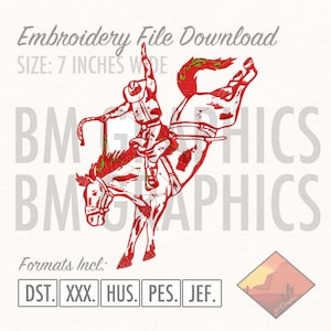 Bronc Rodeo Saddle Bronc Bucking Horse Cowboyo Graphic Embroidery File Download 7 Inches Wide in 5 Different File Formats.