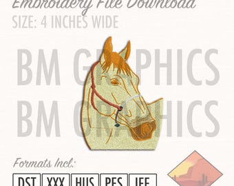 May include: Embroidery file download for a horse head design, 4 inches wide.  The horse is white with a brown bridle and a brown nose.  The design is available in DST, XXX, HUS, PES, and JEF formats.