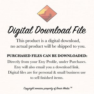 Op de afbeelding: Een witte tekstafbeelding op een lichtgrijze achtergrond met de tekst "Digital Download File" in een groot, cursief lettertype. De tekst eronder luidt "Dit product is een digitale download, er wordt geen fysiek product naar u verzonden." De tekst "PURCHASED FILES CAN BE DOWNLOADED:" staat in vetgedrukte letters, gevolgd door instructies over hoe u het digitale bestand kunt downloaden. De tekst "Copyright remains property of Bmar Media&trade;" staat onderaan de afbeelding.