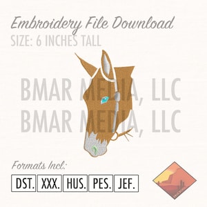 May include: Embroidery file download for a horse head design, 6 inches tall. The design is in brown, white, and blue. The file formats included are DST, XXX, HUS, PES, and JEF.