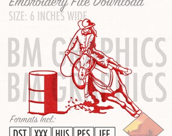 May include: Red embroidery file download featuring a rodeo scene with a rider on a horse, a barrel, and the text "Embroidery File Download." The design is 6 inches wide. Formats include DST, XXX, HUS, PES, and JEF.