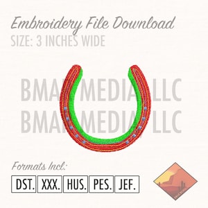 Könnte beinhalten: Stickdateidownload mit einem Hufeisen-Design in Rot und Grün, mit blauen Akzenten. Der Text "Embroidery File Download" und "GRÖSSE: 7.6 cm BREIT" stehen oben. Formate: DST, XXX, HUS, PES, JEF.