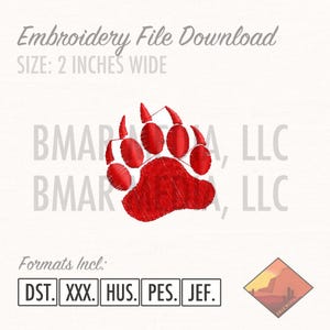May include: Red embroidered bear paw print design, 2 inches wide.  Available in DST, XXX, HUS, PES, and JEF file formats.
