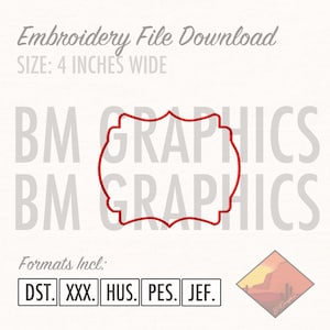 Puede incluir: Gráfico de descarga de archivo de bordado con el texto "Embroidery File Download" y "SIZE: 10 cm WIDE". El diseño incluye un marco decorativo rojo y el texto "BM GRAPHICS" en el fondo. Los formatos incluyen DST, XXX, HUS, PES y JEF.