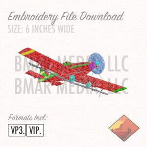May include: Red and yellow airplane embroidery design, 6 inches wide.  Formats included: VP3 and VIP.