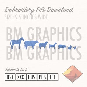 Barn Animals Horse Cow Goat Pig Rabbit Chicken Graphic Embroidery File Download 9.5 Inches Wide in 5 Different File Formats.