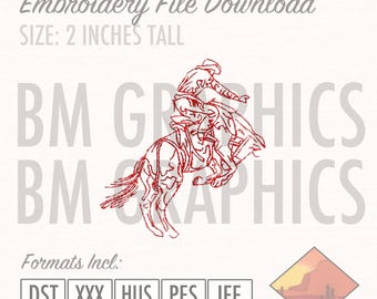 Op de afbeelding: Rodeo cowboy op een wild paard, rode lijntekening borduur bestand download. Het ontwerp is 5 cm hoog. De afbeelding bevat de tekst "Embroidery File Download" en "BM GRAPHICS". Formaten: DST, XXX, HUS, PES, JEF.