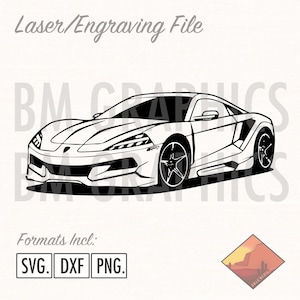 May include: Black and white line art of a sports car. The image includes the text "Laser/Engraving File" and "Formats Incl: SVG, DXF, PNG."