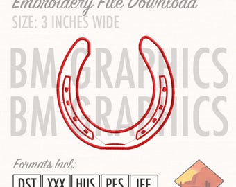 May include: Red horseshoe embroidery design, 3 inches wide.  Formats included: DST, XXX, HUS, PES, JEF.