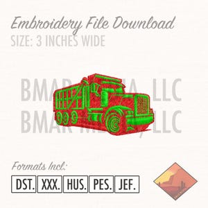 May include: Red and green embroidery design of a dump truck. The design is 3 inches wide and includes the following file formats: DST, XXX, HUS, PES, JEF.