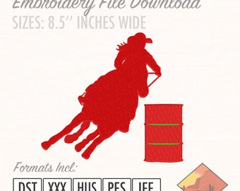 Op de afbeelding: Rood silhouet borduurontwerp van een barrel racer die op een paard om een vat rijdt. Het ontwerp is 8,5 inch breed en beschikbaar in de formaten DST, XXX, HUS, PES en JEF.