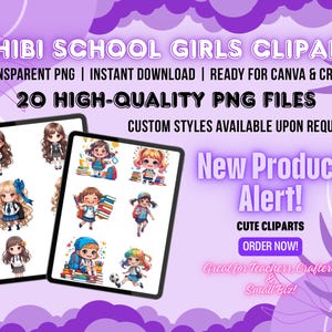 Chibi School Girls Clipart | Kawaii Student PNG | Cute Cartoon Girls | Transparent Background | Teacher & Craft Use