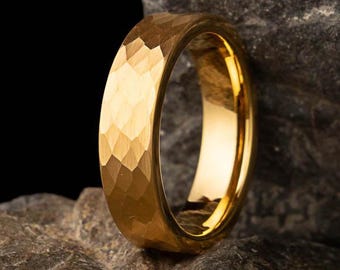 Gold Hammered Ring, Tungsten Wedding Rings, Engagement Rings, Statement Rings, 8mm Comfort Fit Rings for Men