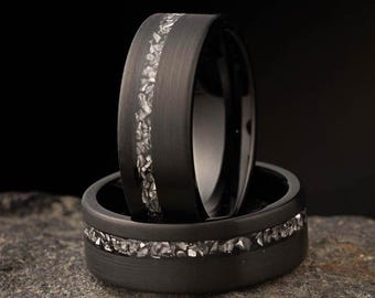 Bague noire, alliances sablées météorite, bagues de fiançailles, bagues tendance, bague d'anniversaire pour homme obsidienne noire sablée