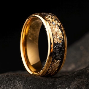 Meteorite Gold Leaf Flakes Wedding Rings, Engagement Rings, Statement Rings for Mens Promise Ring, Tungsten Ring, Mens Ring
