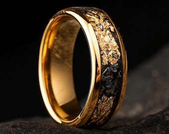 Meteorite Gold Leaf Flakes Wedding Rings, Engagement Rings, Statement Rings for Mens Promise Ring, Tungsten Ring, Mens Ring