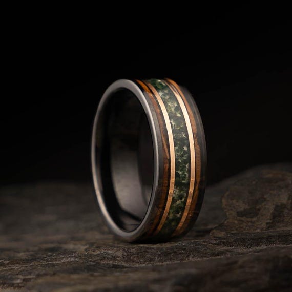 Whiskey Barrel Ring, Wedding Rings, Engagement Rings, Statement Rings for Mens Agate Wood Ring, Moss Agate Black Tungsten, Men Ring