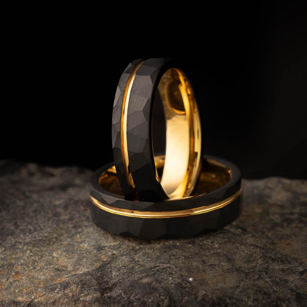 Black Tungsten Ring, Hammered Yellow Gold Band, Mens Wedding Rings ...