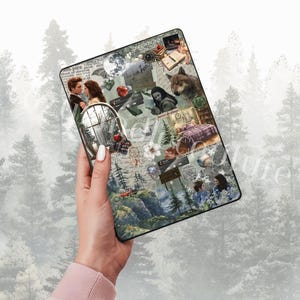 May include: A decorative tablet case featuring a collage of images with a forest theme. The design includes images of a couple, a wolf, a bed, and a full moon. The color palette includes greens, browns, and whites.