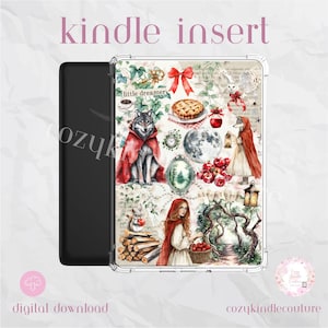 May include: A clear Kindle insert featuring a whimsical design with illustrations of Little Red Riding Hood, a wolf, and other fairytale elements. The insert has the text "kindle insert" and "digital download".