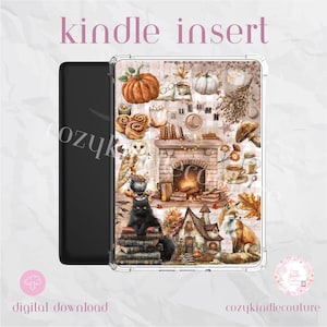 Cozy Autumn Cottagecore Kindle Insert: Pumpkin, Fireplace, Black Cat Bookish Decor (PDF Digital Download) - Clear Case with PNG Clipart