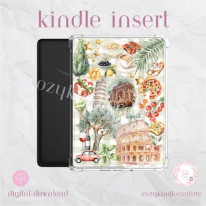 Könnte beinhalten: Eine transparente Kindle-Hülle mit italienischem Thema. Das Design zeigt Aquarellillustrationen von italienischem Essen, Wahrzeichen und einem Oldtimer. Die Worte "kindle insert" stehen oben. Die Worte "digital download" stehen unten.