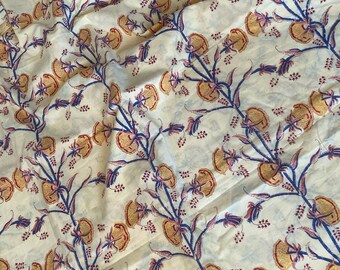 Block print cotton voile, pale yellow with trailing flowers