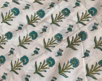 Block print cotton voile, turquoise flower