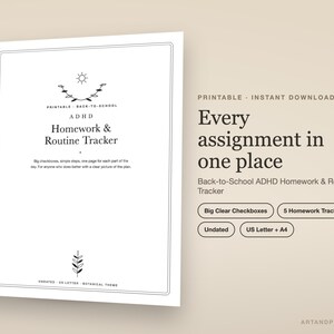 May include: A printable ADHD homework and routine tracker document with a botanical theme. The page features a sun and leaf icon, the text 'Homework & Routine Tracker', and descriptive text. The document includes checkboxes and a clean layout.