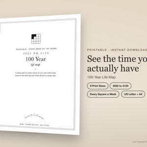 Printbare levenskaart voor 100 jaar, weekkalenderposter 2025-2124, reflectie-muurdecoratie (PDF-download)