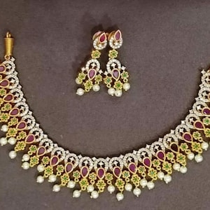 Tempel Braut Gold Choker Halskette, Perlenkette, indische Goldkette, indischer Choker, Guttapusalu-Halskette, Tempelschmuck