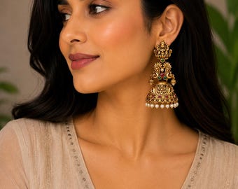 South Indian  Jhumki Earrings: Bridal Jewelry Lightweight Temple Stud Earrings