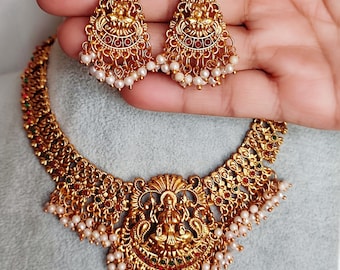 Bridal Gold Choker Necklace, Pearl Necklace, Indian Gold Necklace, Indian Choker, Guttapusalu Necklace, Temple jewelry